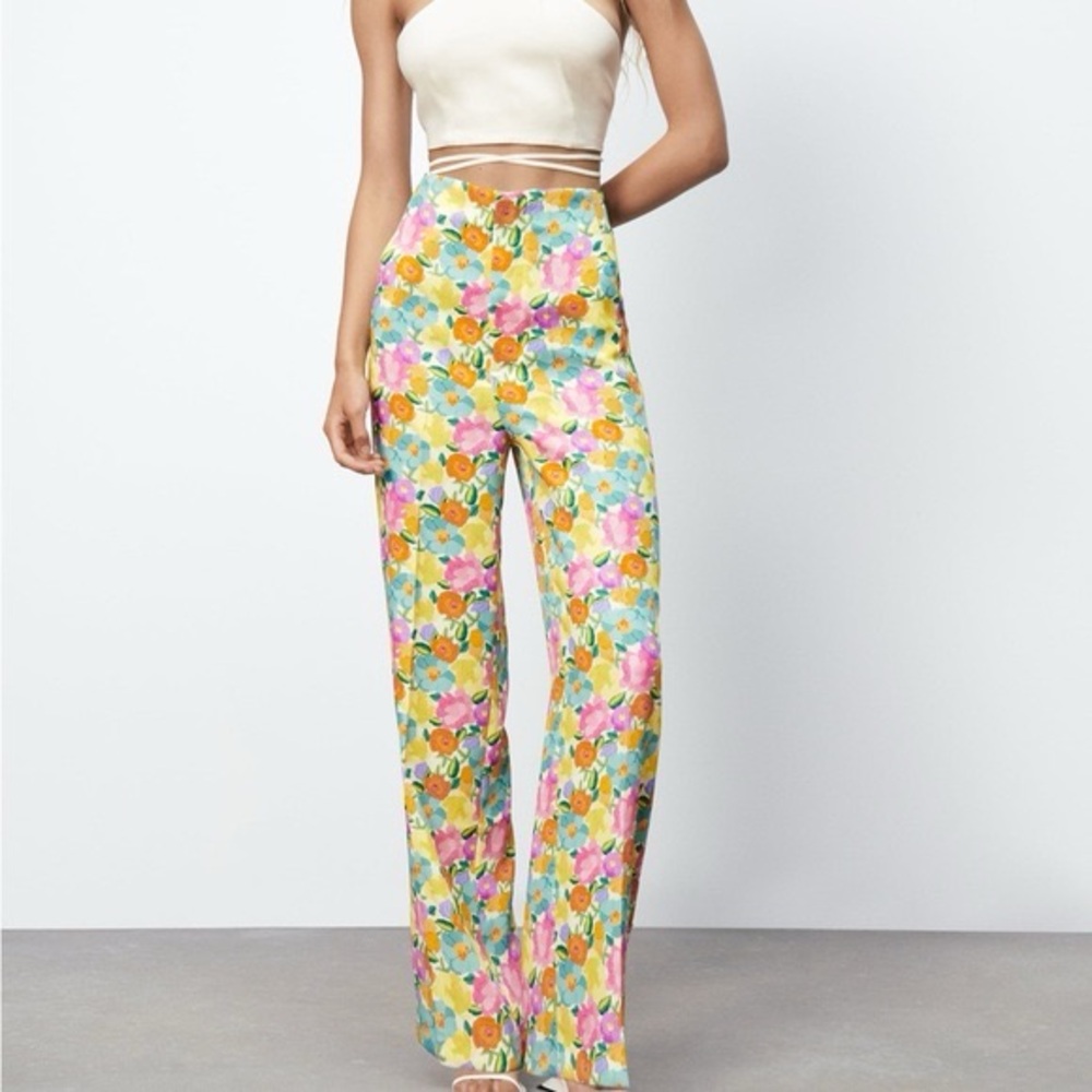 Zara Floral High Waist Trousers Pants Small